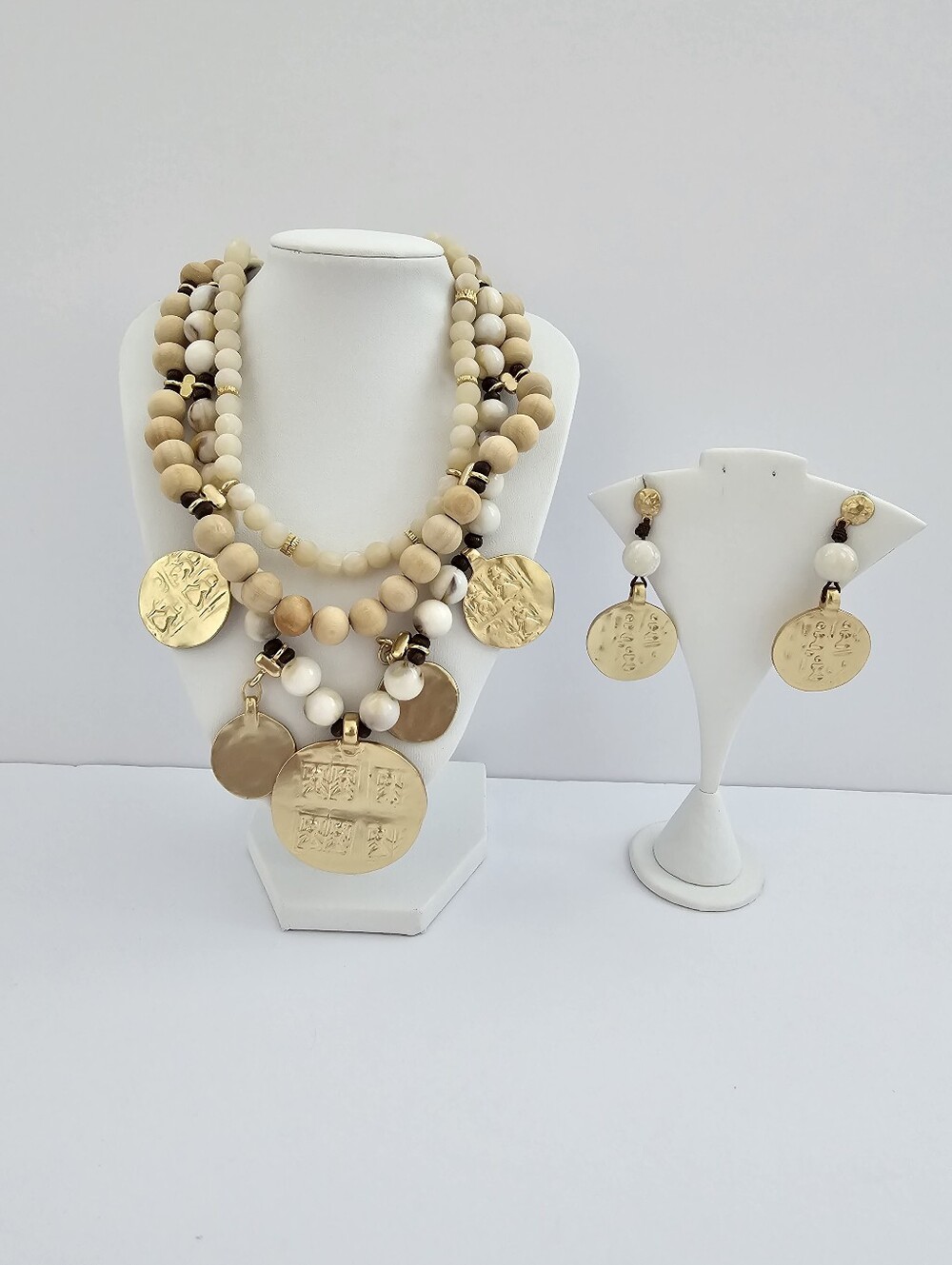 Chico's Gold Medallion Multi-Strand Beaded Statement Necklace & Earrings Set